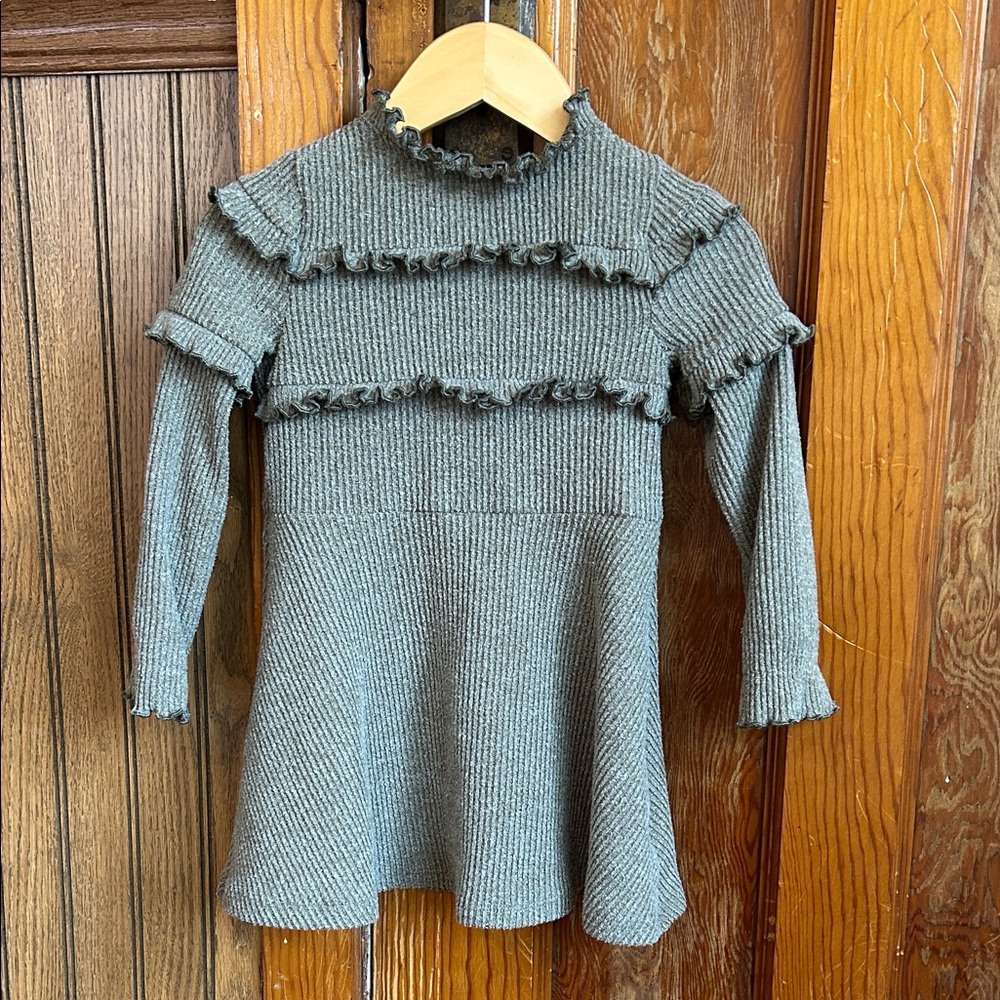 Green Ribbed Knit Dress with Ruffle Details